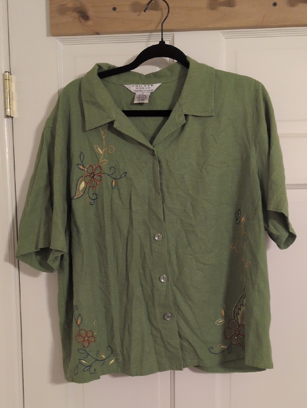 JohnPaulRichard Olive Green Short-Sleeve Embroidered Button-Down Shirt